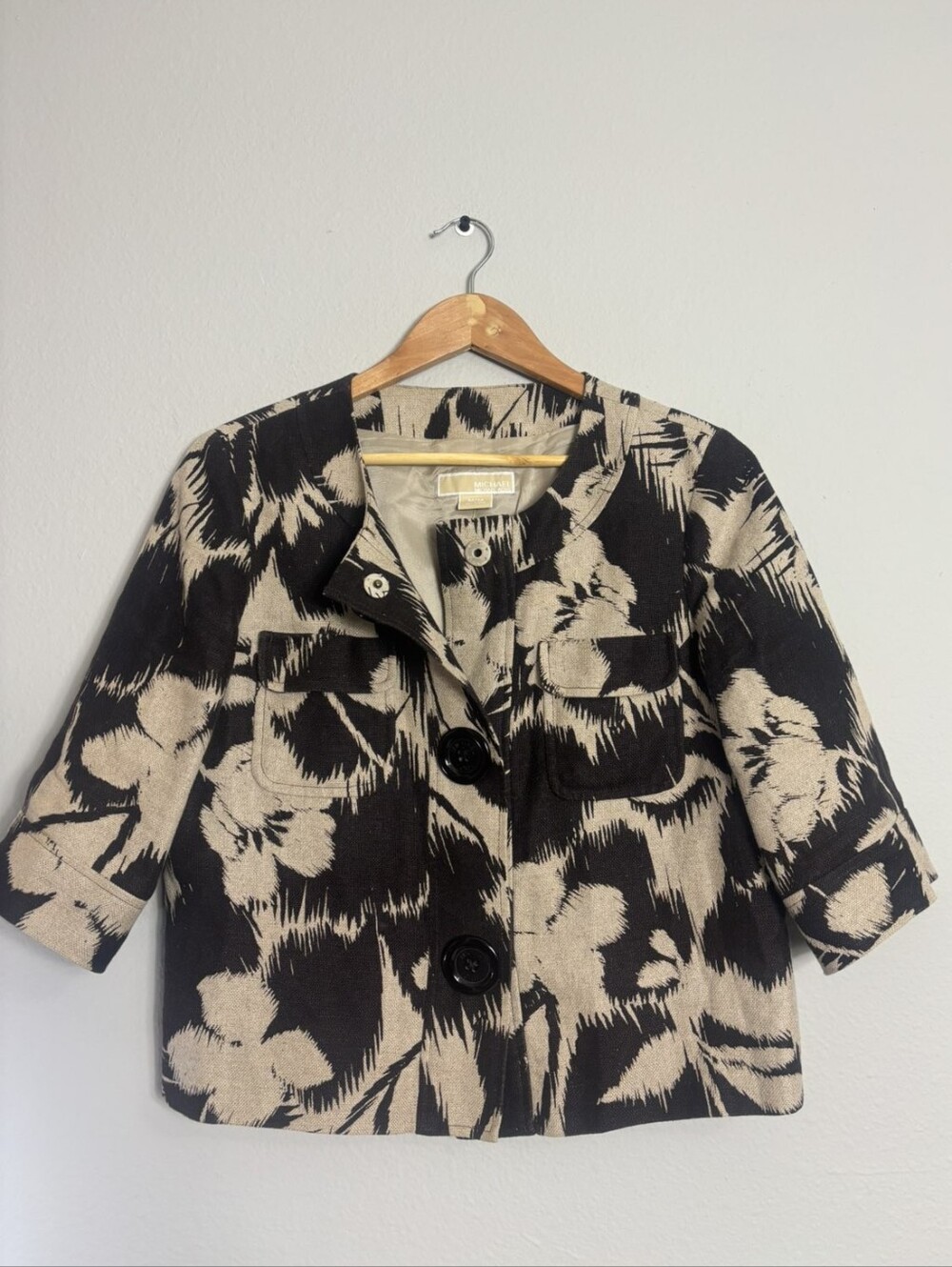 Michael Kors Womens |M| Cropped 100% Linen Brown/Beige Floral Hibiscus Jacket